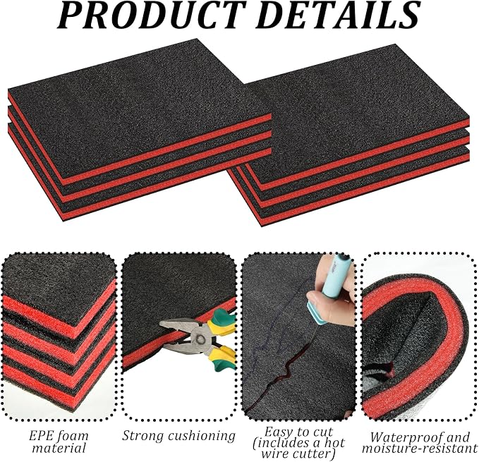 6 Pack Tool Box Foam Inserts for Cases,Tool Box Liner Polyethylene Sheets, Toolbox Kaizen Organizer and Storage Shadow(18 x 12 x 1 Inch,Red, Black)