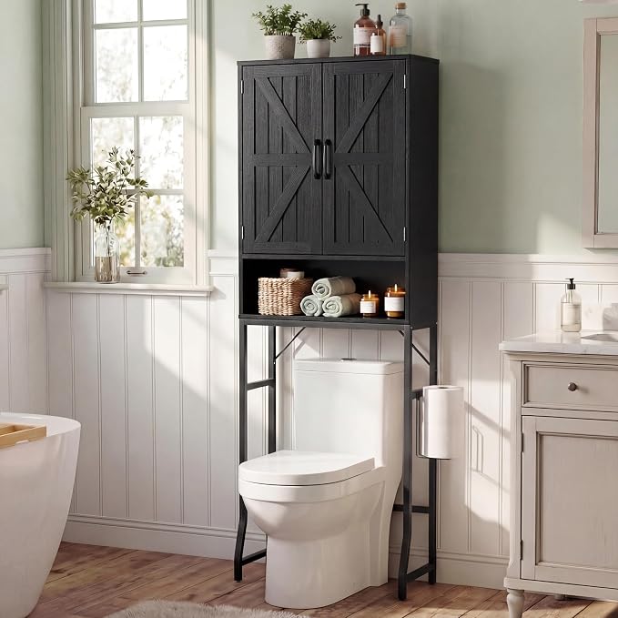 23.6" Over The Toilet Storage Cabinet with Barn Door,Bathroom Organizers and Storage with Adjustable Shelves, Farmhouse Over Toilet Organizer for Bathroom,Restroom,Laundry,Black