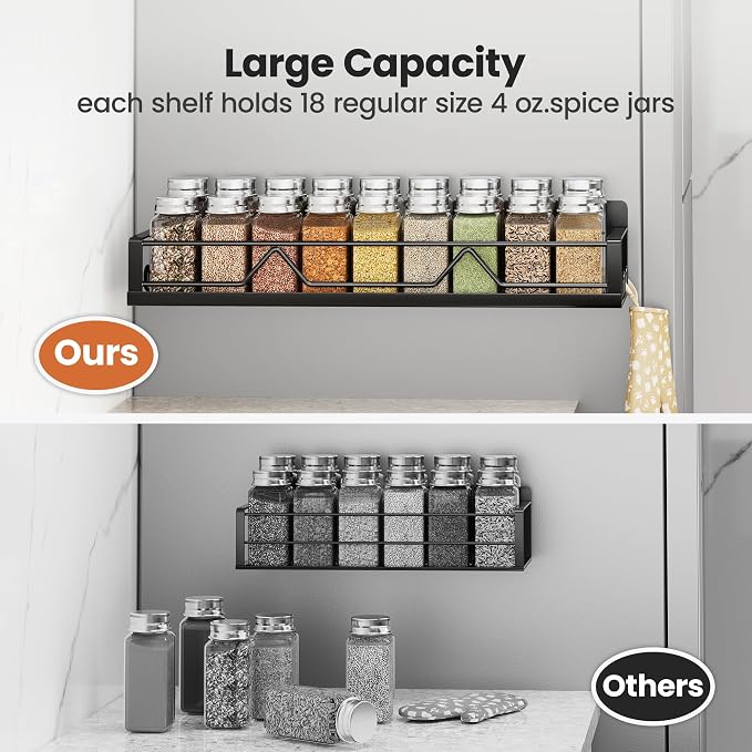 Mystozer 16.9 Inch Wide Large Capacity Magnetic Spice Rack for Refrigerator,4 Pack Metal Fridge Shelf Apartment Essentials Fridge Organizer Magnetic Storage Fridge Magnet Organizer(Black)
