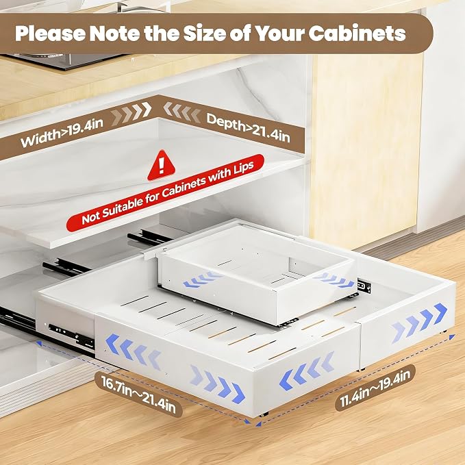 Dayacoco 2Pcs Dayacoco Pull Out Cabinet Organizer, Expandable Width (11.4"-19.4") and Depth (16.7"-21.4") With 3 Rails, Slide out Drawers for Kitchen Base Cabinet Organization, No Drill, White