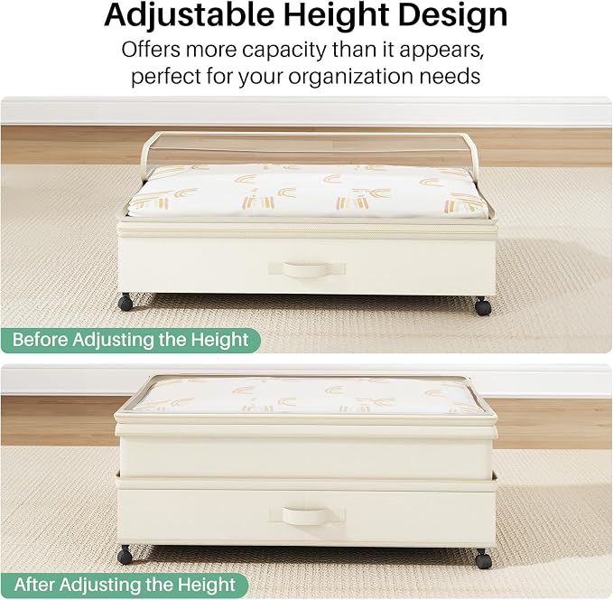 Kitstorack 4 Pack Height-adjustable Under Bed Storage with Wheels, Under Bed Storage Containers,Under Bed Shoe Storage Organizer with Clear Window&Label, Suitable for Clothes Storage, Beige