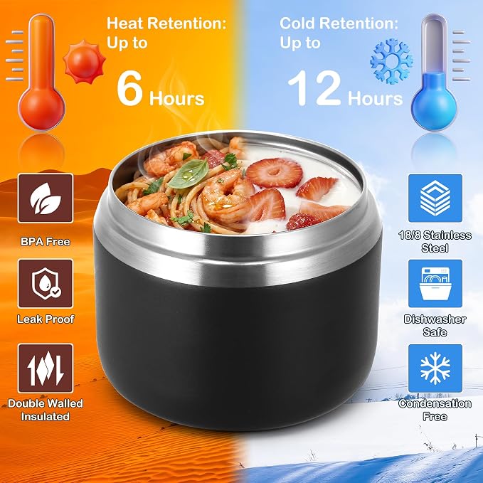 MAXSO 14oz Vacuum Insulated Food Jar with Spoon Buckle Lid, Kids Soup Thermo for Hot Food Wide Mouth Leakproof Stainless Steel Lunch Container - Black