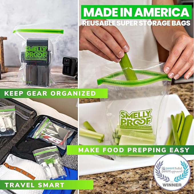 Smelly Proof 25 x Expandable Stand & Fill REUSABLE Storage Bags for Food Designed & Mfg in US, BPA FREE, NO PEVA, Reusable Sandwich Bags, Dishwasher-Safe, Clear 3 mils STAND UP 6.5" x 7.5" - 25pk