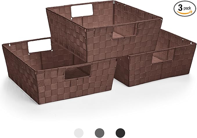 Sorbus Set of 3 Large Woven Storage Baskets – Mesh Hand-Woven Baskets for Organizing, Fabric Storage Bins for Linen Closet Organizer, Storage Baskets for Shelves and Home Organization (Chocolate)