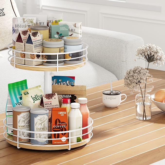 Two Tier Lazy Susan Organizer Turntable, 12 Inch, White | Height Adjustable, Rotating Spice Rack, Wood Construction, For Cabinet Dining Table Kitchen Bathroom Countertop
