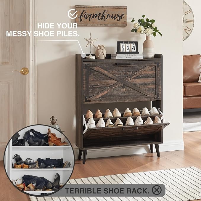Barnyatoh Shoe Storage Cabinet,Farmhouse Shoe Organizer with 2 Flip Drawers & Barn Door Design,Freestanding Hidden Slim Narrow Shoe Rack Cabinet for Entryway,Foyer,Hallway,Dark Oak