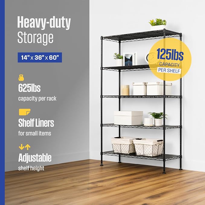 SafeRacks NSF 5-Tier Heavy Duty Steel Wire Shelves (36"x14"x60")