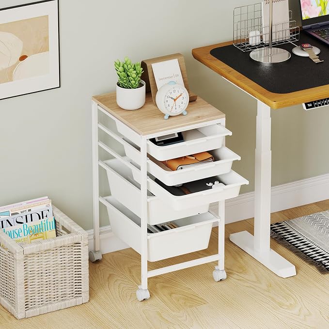 GOFLAME 5-Drawer Rolling Storage Cart, Craft Storage Cart with Wooden Tabletop and Lockable Wheels, Art Cart Supply Storage Organizer with Metal Frame for Home Office Classroom, White