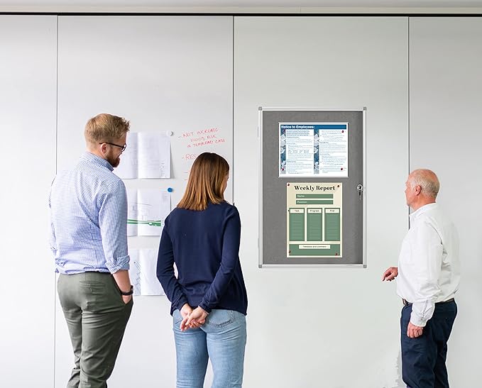 A AIRLLEN Lockable Bulletin Board 24 x 36 Inch Indoor Notice Board with 2 Keys – Wall Mounted Felt Display Case with Clear Acrylic Cover & Aluminum Frame for Office, School, Hallway