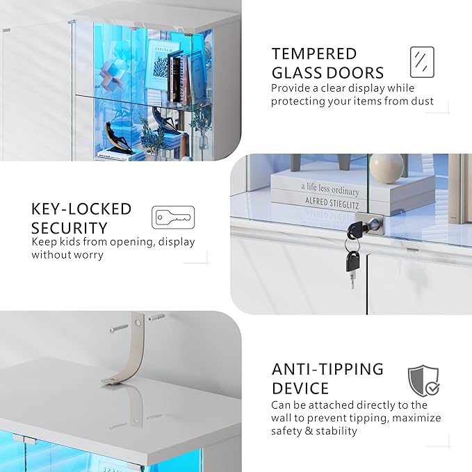 Lvifur 71” Glass Display Cabinet with Lights, Modern Curio Cabinet Display Cases for Collectibles, Locking Cabinet with Shelves & Drawers, Tall Bookcase with Human Body Sensor for Living Room (White)