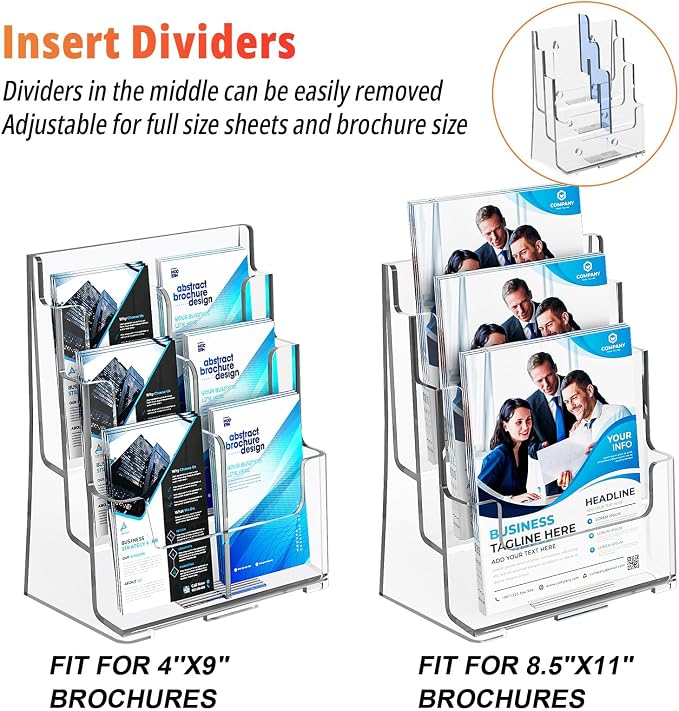 FUCDTEFC Acrylic Brochure Holder 8.5x11, Clear 3 Tier Magazine Holder Brochure Display Stand with Removable Divider for 4 x9 Inch Literature Pamphlet Flyer Holder for Wall Mount or Countertop