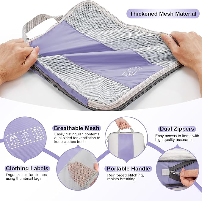OlarHike 10 Set Compression Packing Cubes for Travel Essentials,Compressible Expandable Space Saver Bags for Organizing Clothes,Luggage Suitcase Garment Bags with Over 1000 pcs Mesh Holes(Purple Gray)