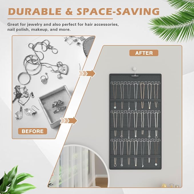 Hanging Jewelry Organizer, Double-Sided Necklaces Holder, Dark Gray | 42 clear pockets organize rings & earrings; 36 wire necklace hooks reduce tangles; top hook hangs in closets, walls or doors.