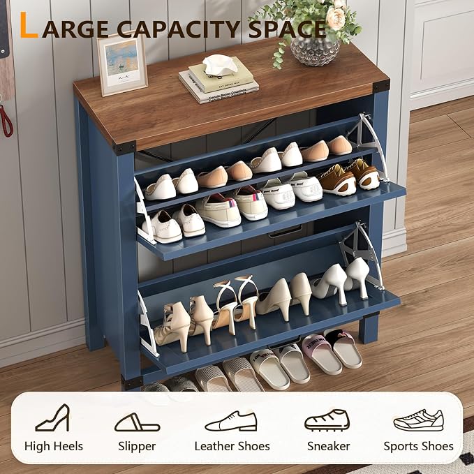 YOMILUVE Shoe Cabinet with 2 Flip Drawers, Farmhouse Shoe Storage Cabinet for Entryway, Slim Shoe Rack Freestanding Shoe Organizer with Barn Door, Blue