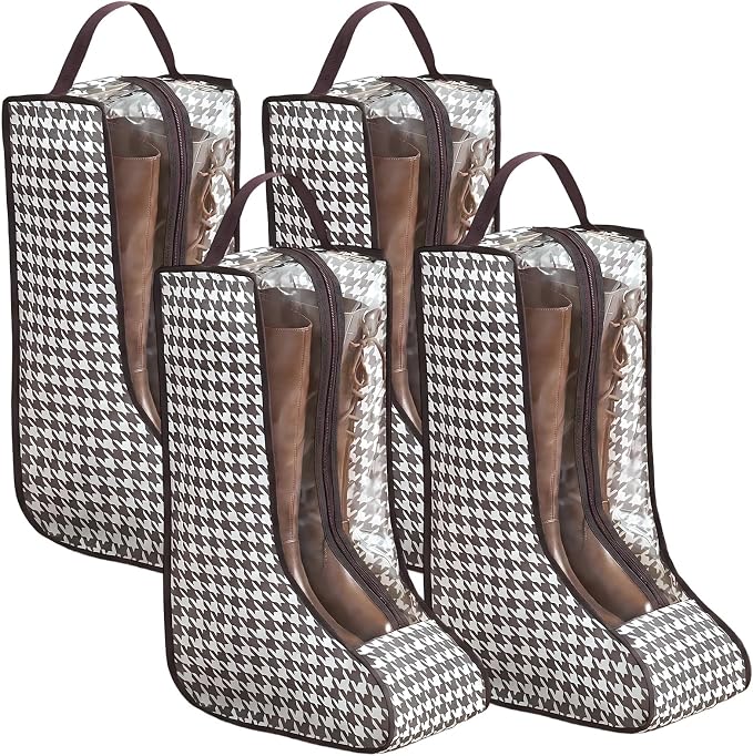 4 Pcs Boot Bags with Handles for Cowboy Boots Houndstooth Shoe Dust Proof | Boot Storage Organizer Tall Boots, Travel Shoes Organizer for Packing, Daily Use, Home Closet Organization