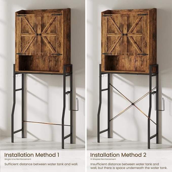 Memobarco Over The Toilet Storage Cabinet with Metal Stand, Rustic Brown | Toilet Paper Holder, 3 Extra Hooks, Anti-Tipping Device, With Adjustable Shelves, for Bathroom, Restroom, Laundry
