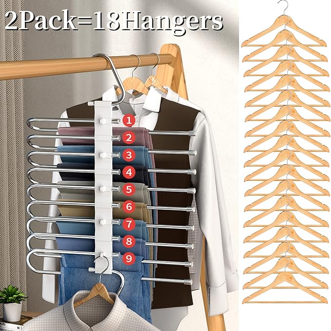 9 Layers Pants Hangers Space Saving Closet Organizer 2 Pack, Metal Space Saving Hangers Non-Slip Multi-Layer Multifunctional Rack Closet Organizers and Storage for Pants Skirts Jeans Trousers(White)