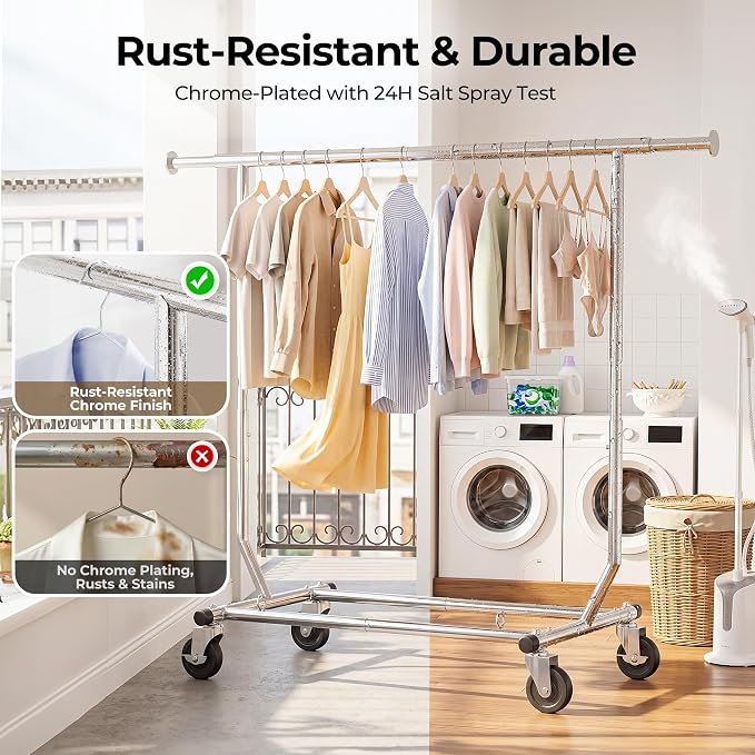 HOKEEPER Clothes Rack, Rolling Clothing Racks for Hanging Clothes, Portable Clothes Rack with Lockable Wheels, Commercial Heavy Duty Garment Rack for Bedroom, Living Room, Laundry, Balcony Collapsible