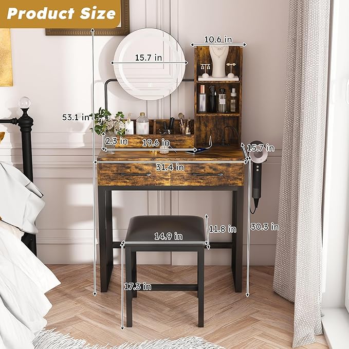 Small Makeup Vanity Desk with Large Mirror and Lights, Vanity Table with 2 Storage Drawer & Open Shelves, 3 Lighting Colors,LED Mirror Adjustable Brightness Brown Makeup Vanity