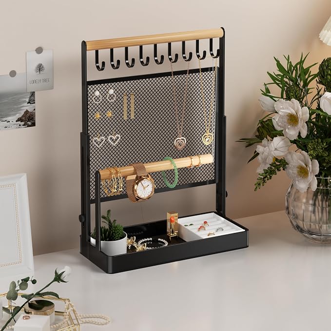 Jewelry Organizer Stand with Velvet Ring Holder, Liftable Necklace Holder with Earring Organizer Net, 9 Hooks Necklaces Storage Wooden Handing Bar for Bracelets Watches Rings (Black)