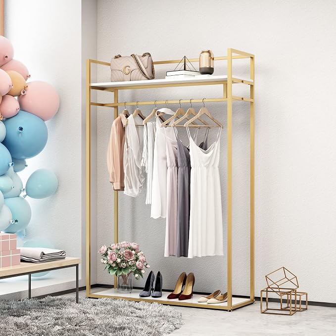 Heavy Duty Clothing Rack with Shelves for Hanging Clothing, Gold Metal Freestanding Garment Rack for Retail Display (47.24" L)
