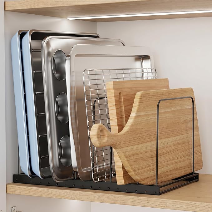 ORDORA Cutting Board Holder Stand Organizer Rack for Cabinet, 7 Slot Adjustable Dividers Baking Sheet Organizer for Counterop, Chopping Board Holder for Cookie Sheet, Baking Tray and Thin Pans, Black