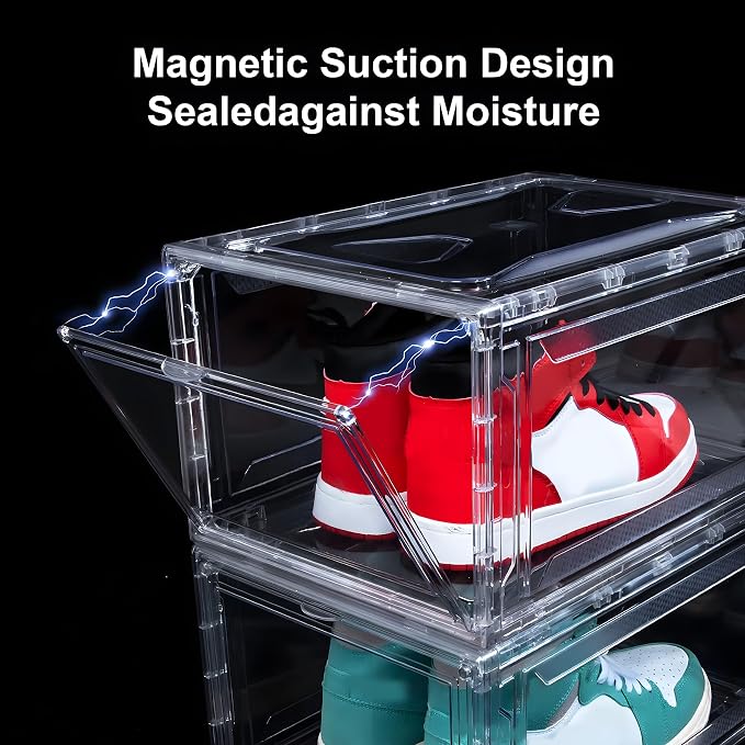 MMBABY 12 Pack Acrylic Clear Shoe Boxes, Ultra Clear Stackable Sneaker Display Cases with Magnetic Door, Professional Grade Shoe Display Case for Sneakers & Boots, Fits Up to US Men's Size 15