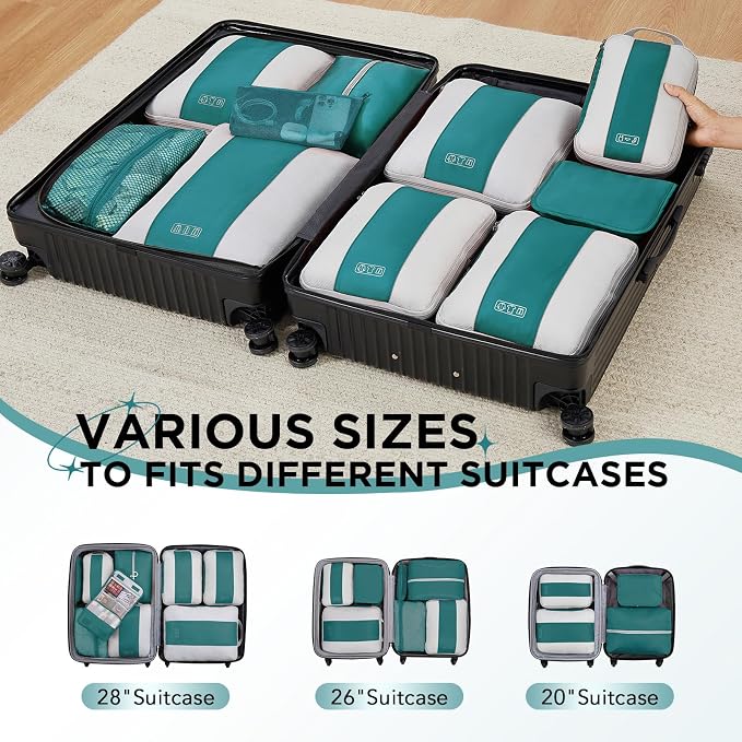 OlarHike 10 Set Compression Packing Cubes for Travel Essentials,Compressible Expandable Space Saver Bags for Organizing Clothes,Luggage Garment Bags with Over 1000 pcs Mesh Holes(Dark Blue Green)