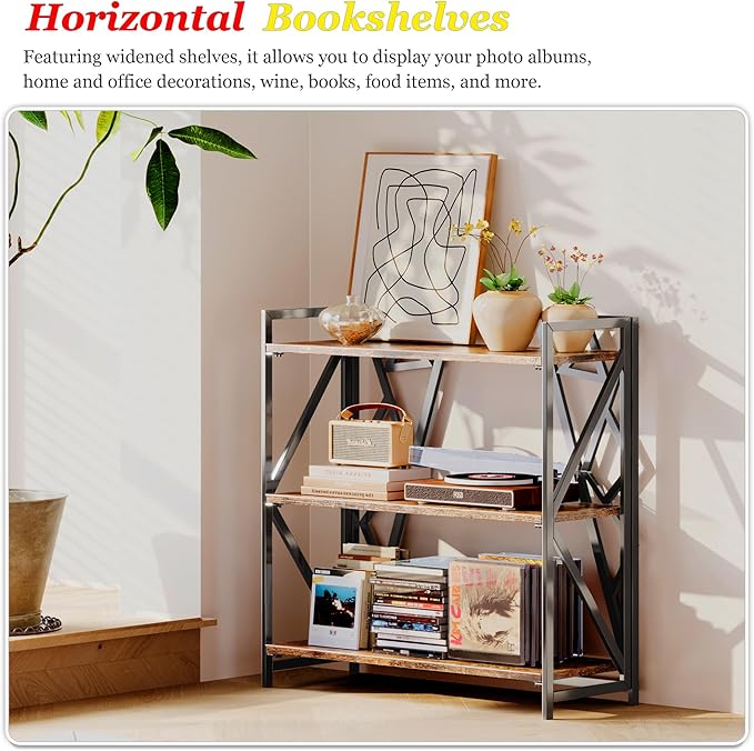 UDD No Assembly Wide Folding Bookshelf, 34" H x 30.9" W, 3 Tier Foldable Book Shelf Industrial Bookcase, Vintage Collapsible Storage Shelves for Home Office Living Room Bedroom, Rustic Brown Black