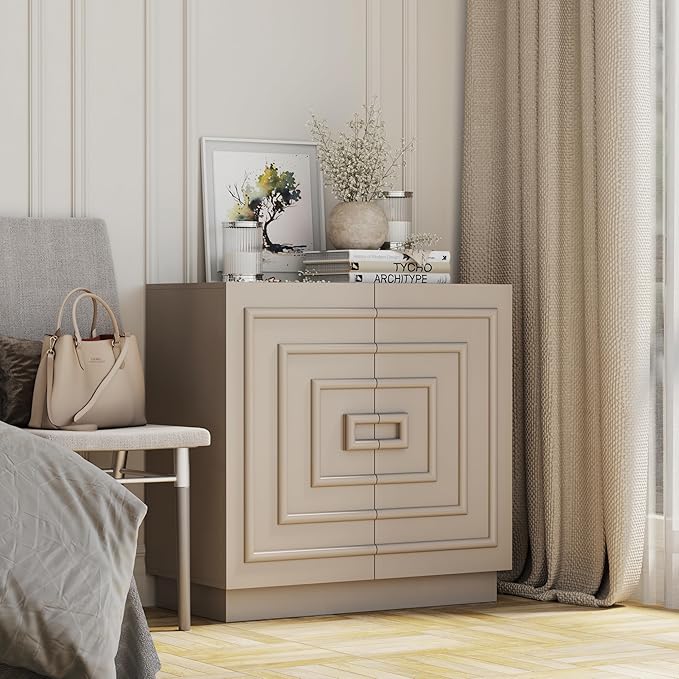 Aoikax Modern 2-Door Storage Cabinet, Sculptural Rustic Cabinet with Geometric Square Pattern, Contemporary Accent Cabinet for Bedroom, Living Room, Taupe Color