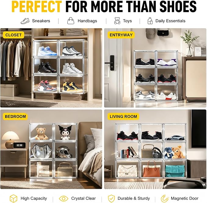 10 Pack Clear High-Top Sneaker Storage Box, Acrylic Shoe Organizer | Extra height 10.6'' for high-top sneakers & athletic footwear Size 11. Stackable display design keeps collections organized
