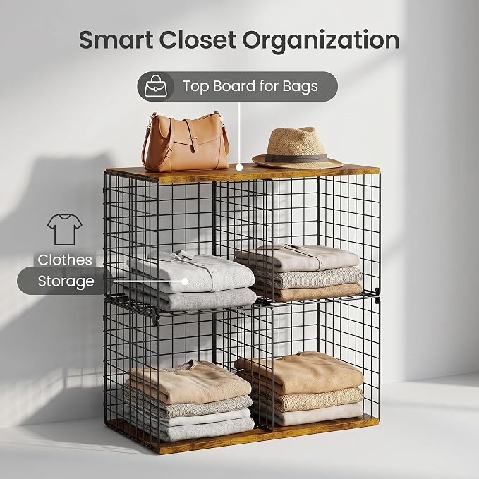 Free-standing Sturdy Tall 6-Cube Closet Organizer Storage Wire Basket Shelf with Wood Top for Wardrobe Bedroom Closet, Stackable Space-saving Clothing Shelves for Clothes, Sweaters, Pants, Handbags