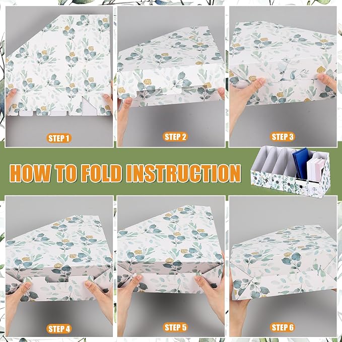 PerKoop 12 Pcs Decorative Magazine File Holders Floral Foldable File Folders Magazine Storage Boxes Rack Desk Organizer Documents with Printable Labels for School Office Home (Eucalyptus Leaves)