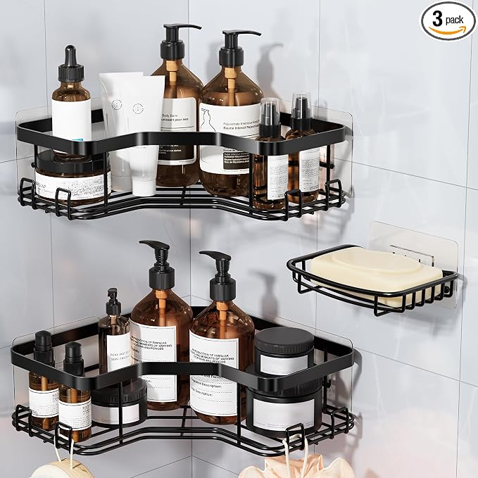 MAXIFFE 3 Pack Corner Shower Caddy with Soap Holder, Large Capacity Sturdy Adhesive Stainless Steel No Drilling Shower Organizer Shelves Rack Storage Inside Shower for Bathroom Family Renters, Black