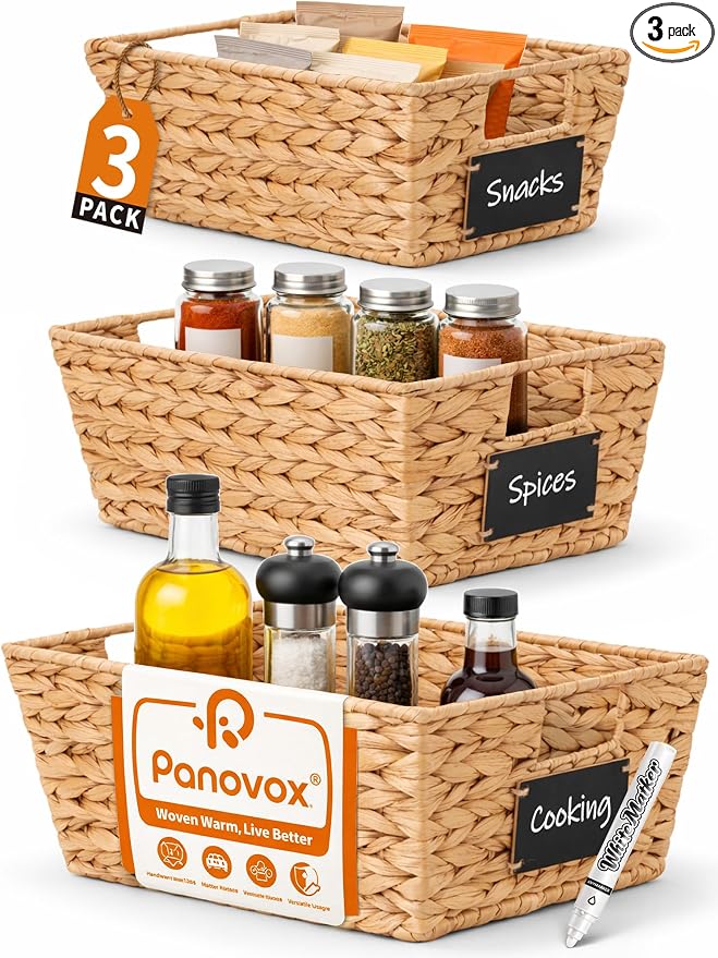 Pantry Organizers and Storage, Water Hyacinth Storage Baskets for Shelves, Natural Baskets for Organizing, Pantry Baskets with Chalkboard Labels and Marker