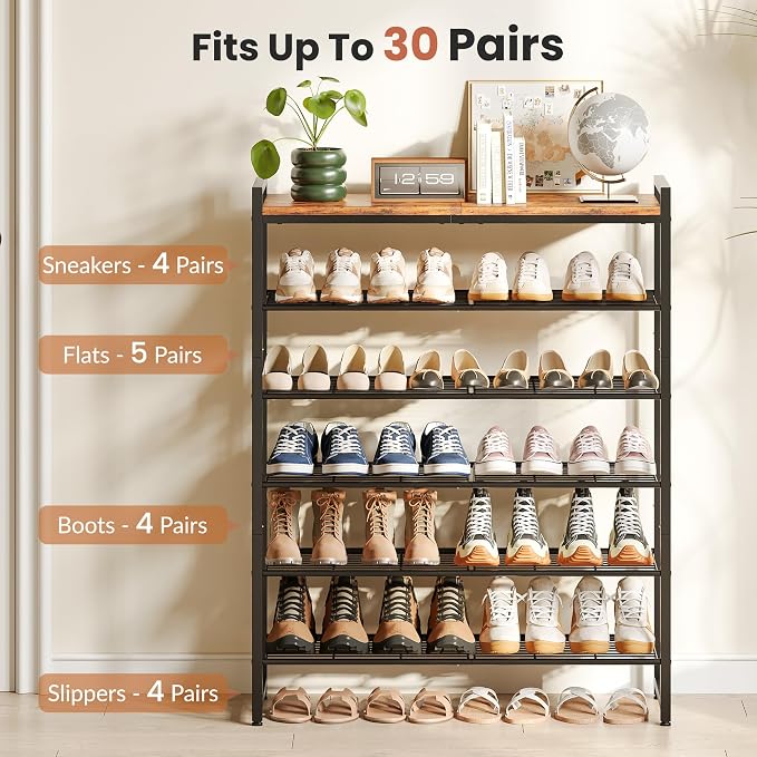 6 Tier Shoe Rack Organizer for 24-30 Pairs, Tall Metal Shoe Storage Shelf with Wood Top, Adjustable Boot Space, Narrow Design for Entryway Closet, Rustic Brown and Black