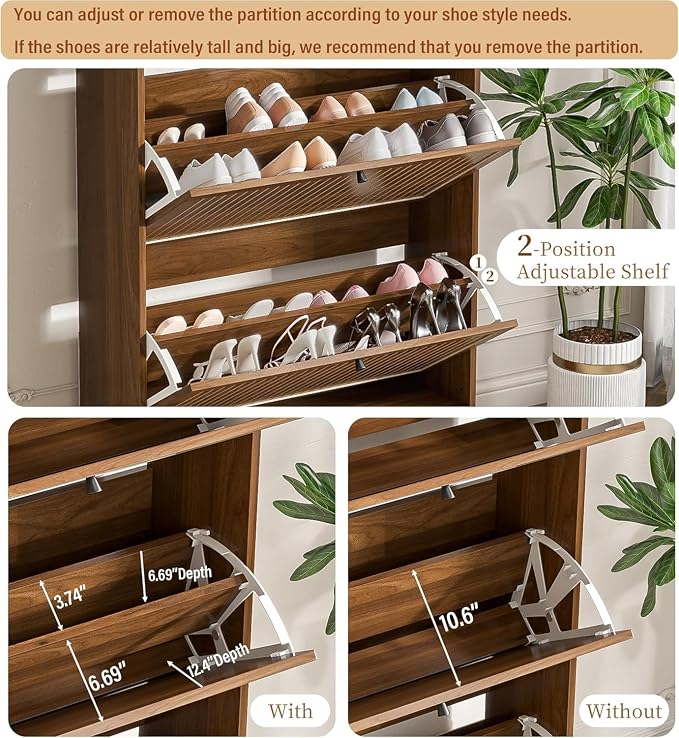Shoe Storage Cabinet for Entryway with 3 Flip Drawers, 78.7 Inch Tall Arched Hidden Shoe Cabinet with Shelves, Narrow Freestanding Shoe Rack Organizer with Fluted Panel for Foyer (Walnut)