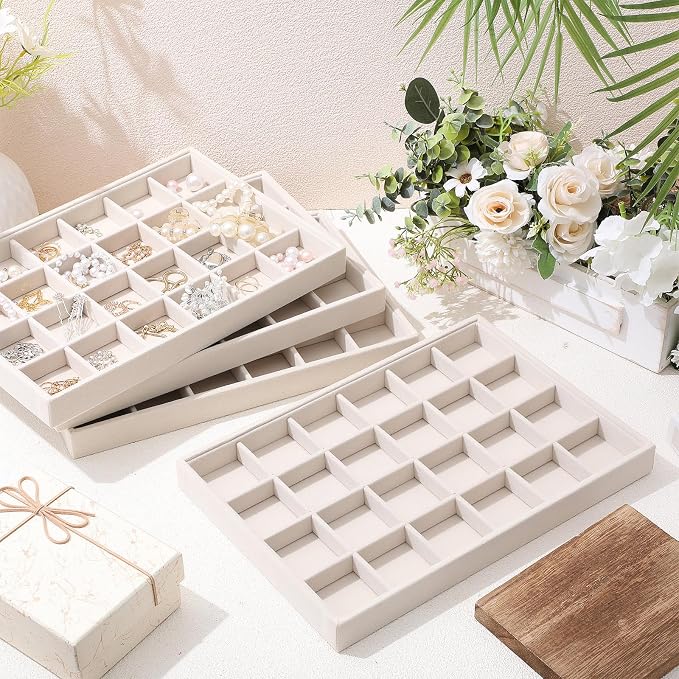 Unittype Set of 4 Stackable Jewelry Organizer Tray for Drawer Inserts Velvet Necklace Earring Bracelet Ring Holder Jewelry Display Storage Box for Bangle Stud Necklace Ring(24 Grid,Beige)
