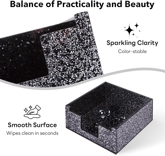 Acrylic Sticky Note Holder 4x4in Tray for Desk, Black Glitter | Sparkling glitter acrylic tray, fits 3x3 sticky notes, compact organizer for office school and home