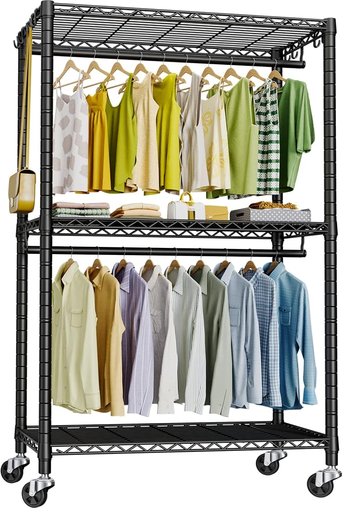 FUTASSI P3 Rolling Clothes Rack, Clothing Racks for Hanging Clothes, Heavy Duty Garment Rack with Wheels, Freestanding Portable Closet Racks 39.4'' W x 14'' D x 78.5'' H, Max Load 470 LBS, Black