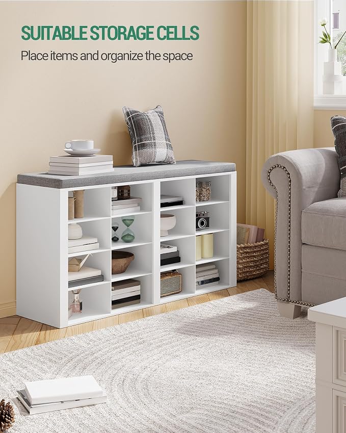 Hzuaneri Shoe Storage Bench, Entryway Shoe Rack with Cushion and Cubbies | entryway shoe rack bench cabinet with 16 cubbies and adjustable shelves for bedroom, living room, White SB25603GY