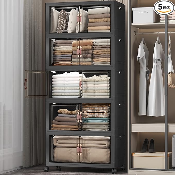 UAMFURI Stackable Storage Bins with Lids & Wheels & Door, Foldable Collapsible Closet Organizers, Extra Large Plastic Storage Drawers for Bedroom Dorm Office Garage (Dark-112QT, 5Pack with 1 top lid)