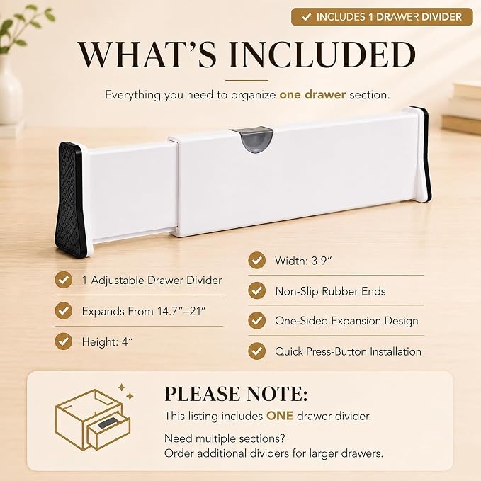 Adjustable Drawer Dividers, 1 Pack, Expandable 14.7–21” Drawer Divider Organizer with Non-Slip Ends for Kitchen, Dresser, Closet & Bathroom