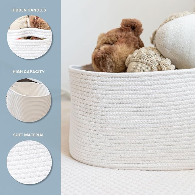 Off-White Cotton Rope Baskets for Shelves, Set of 3 - 15"×10"×9½" - Woven Storage Baskets for Organizing - Closet, Nursery, Bedroom, Playroom - Toys, Books, Towels, Clothes