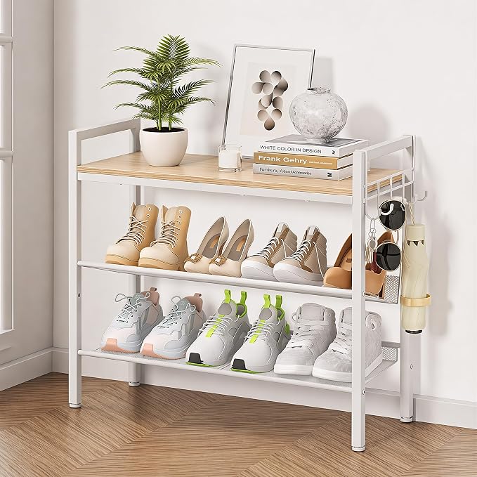 3 Tier Shoe Rack, Shoe Rack for Entryway with Hook, Shoe Organizer with Adjustable Mesh Shelves, Metal Shoe Storage, Closet, Bedroom Living Room Garage