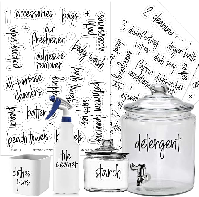 167 Laundry Room Labels for Containers, Prefdo Waterproof Black Script Preprinted on Clear Stickers for Linen Closet Home Organization(Black)