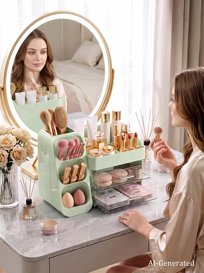 Makeup Organizer with Drawers,Large Capacity Countertop Organizer for Vanity,Bathroom and Bedroom Desk Cosmetics Organizer,Easy To Storage Skincare,Brushes,Lotions (Green)