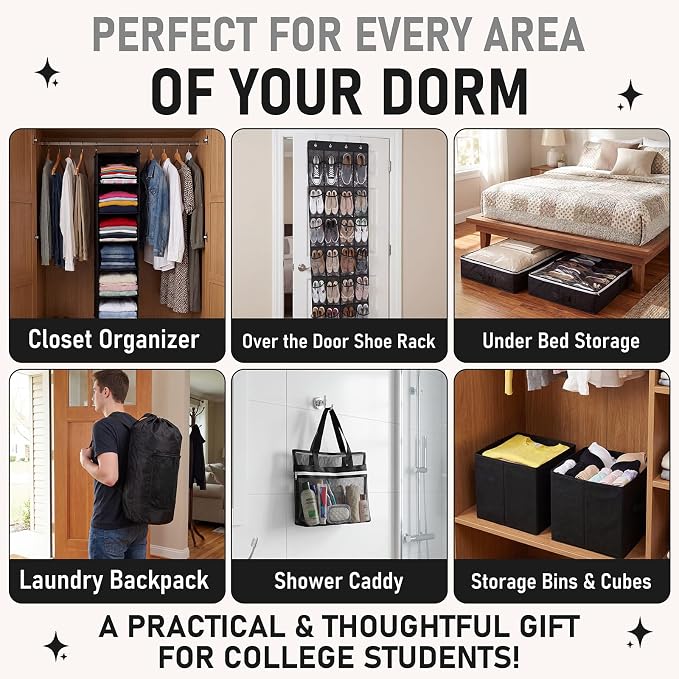 Briwooody 11 Pcs College Dorm Storage Set, Dorm Organizer Kit with Closet Organizer, Over Door Shoe Rack, Under Bed Storage Bags, Laundry Backpack, Shower Caddy, Collapsible Bins(Black)