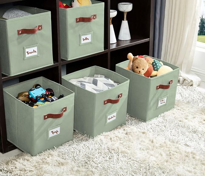 DECOMOMO Storage Cubes, 13x13x13 Storage Cube Bins with Labels, Fabric Organizer Bins (13" / 6pcs, Sage Green)