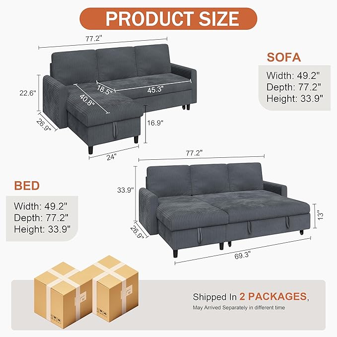 Vongrasig Pull Out Couch, Small Sleeper Sofa with Storage, 77" L Shaped Convertible Sofa Bed with Corduroy Fabric for Small Living Room, Apartment, Dark Grey